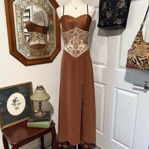 Nina Canacci Shimmery Brown & Silver Natural Stone Beaded Formal Prom Dress 2